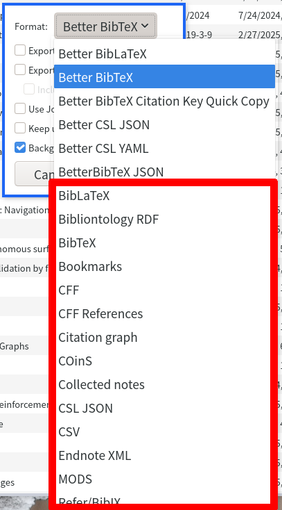Zotero에 내장된 export 가능 확장자들