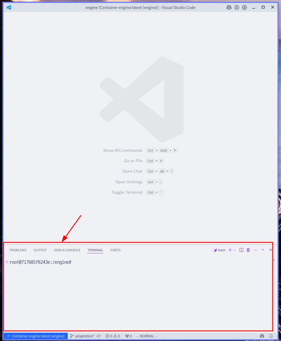 vscode의 터미널은 컨테이너 내부와 연결되어있는 터미널이다.