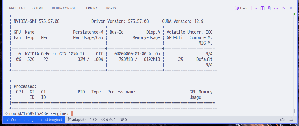 vscode 터미널에서 nvidia-smi 실행 결과