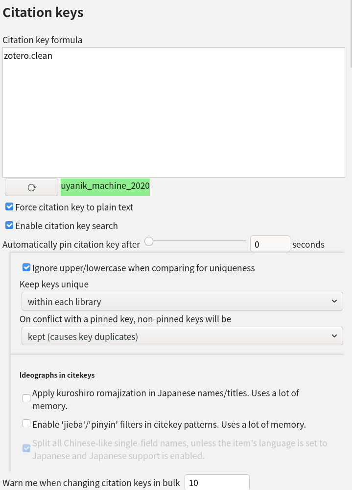 원하는 citation key를 설정할 수 있다. 필자는 `zotero.clean` 옵션으로 일단 사용하고 있다. 기본 zotero를 통해 export하여 작성중인 논문 때문에 일단은 이걸 사용중이나, **그런 제약이 없다면 바꾸는 게 더 좋은 선택일 것이다.**