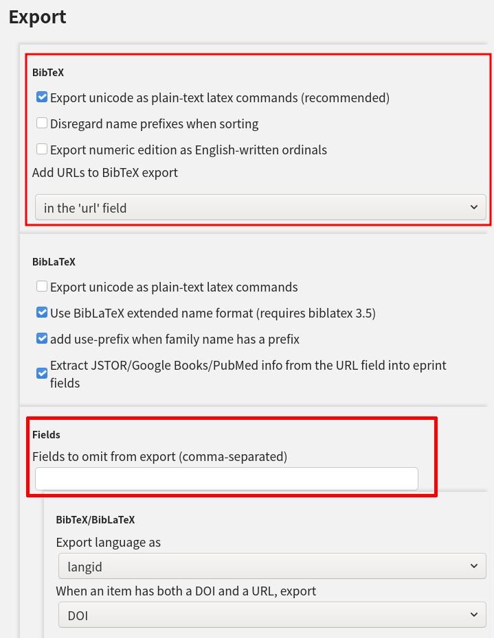 BibTeX export 시 Unicode를 plain-text로 치환하는 옵션 체크! <br>그리고 하단의 Fields에서 불필요한 필드의 metadata를 제외하는 옵션도 확인!