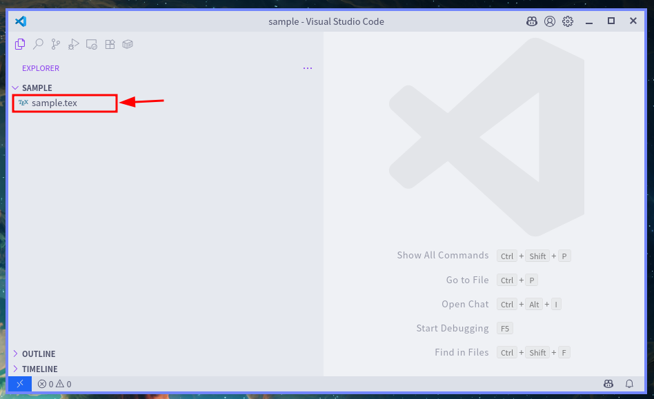 미리 생성한 `sample.tex` 파일이 보인다.