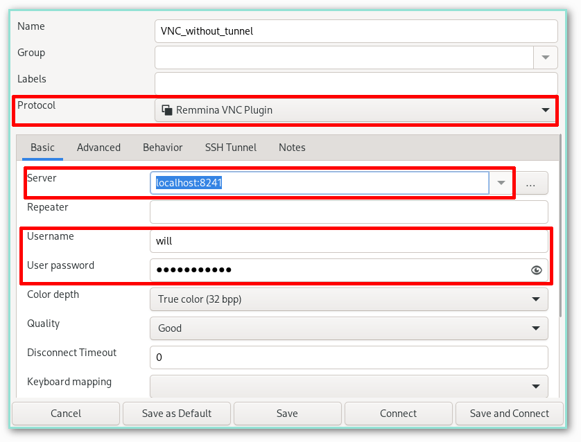 Remmina에서 설정할 네가지 항목: Protocol, Server, Username, User password