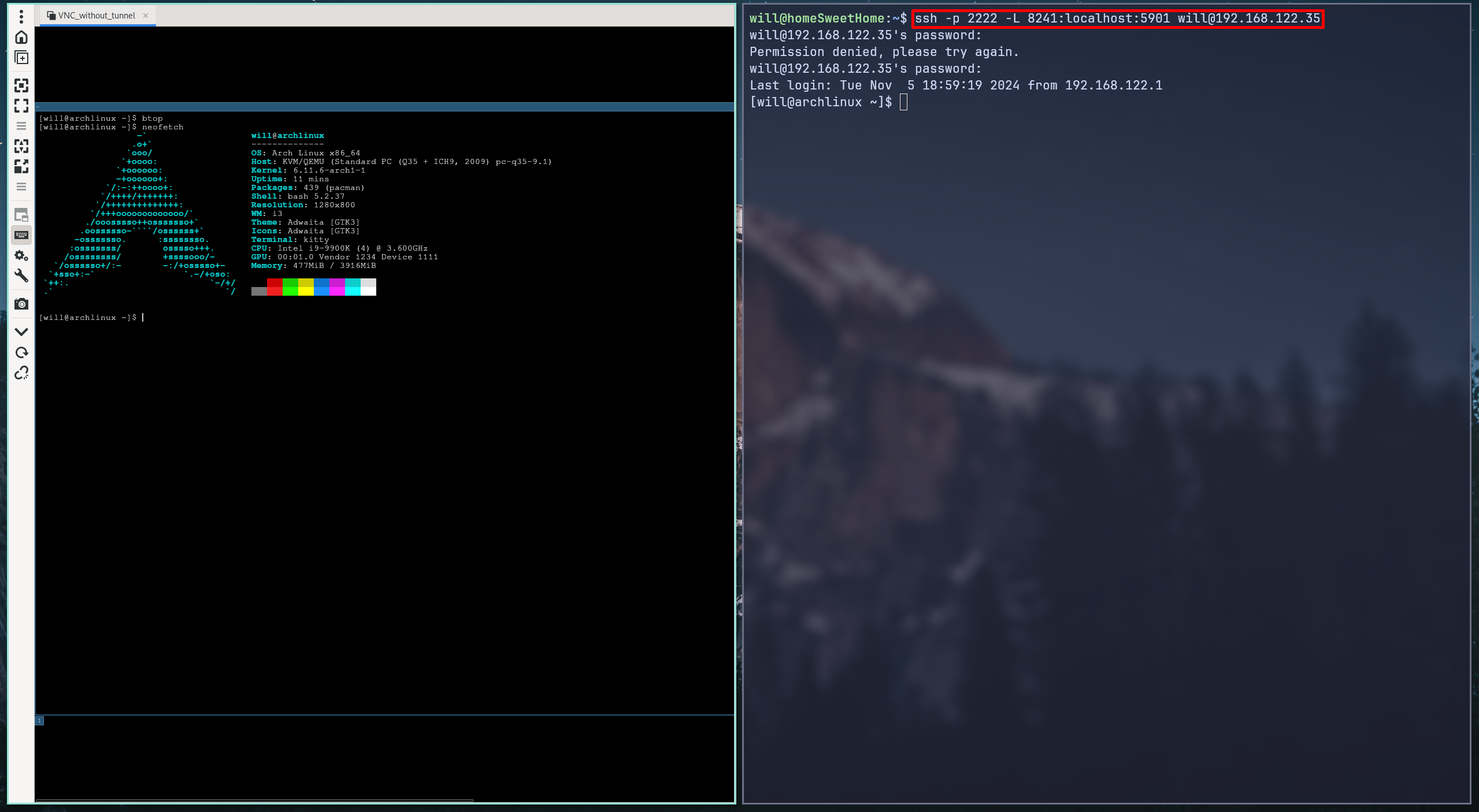 좌) Remmina VNC로 연결된 원격 linux pc, 우) ssh tunneling을 위해 열어둔 터미널