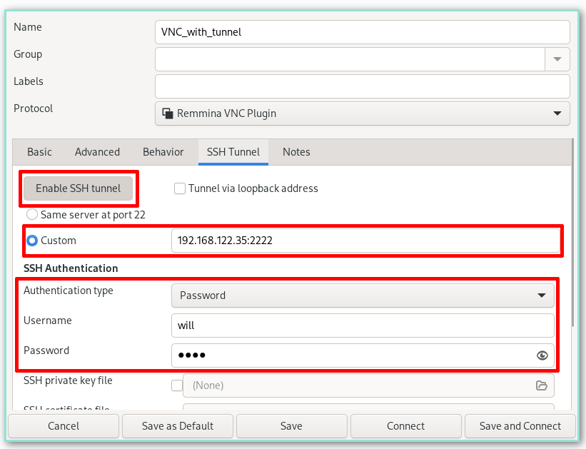 SSH Tunnel 탭 설정 항목