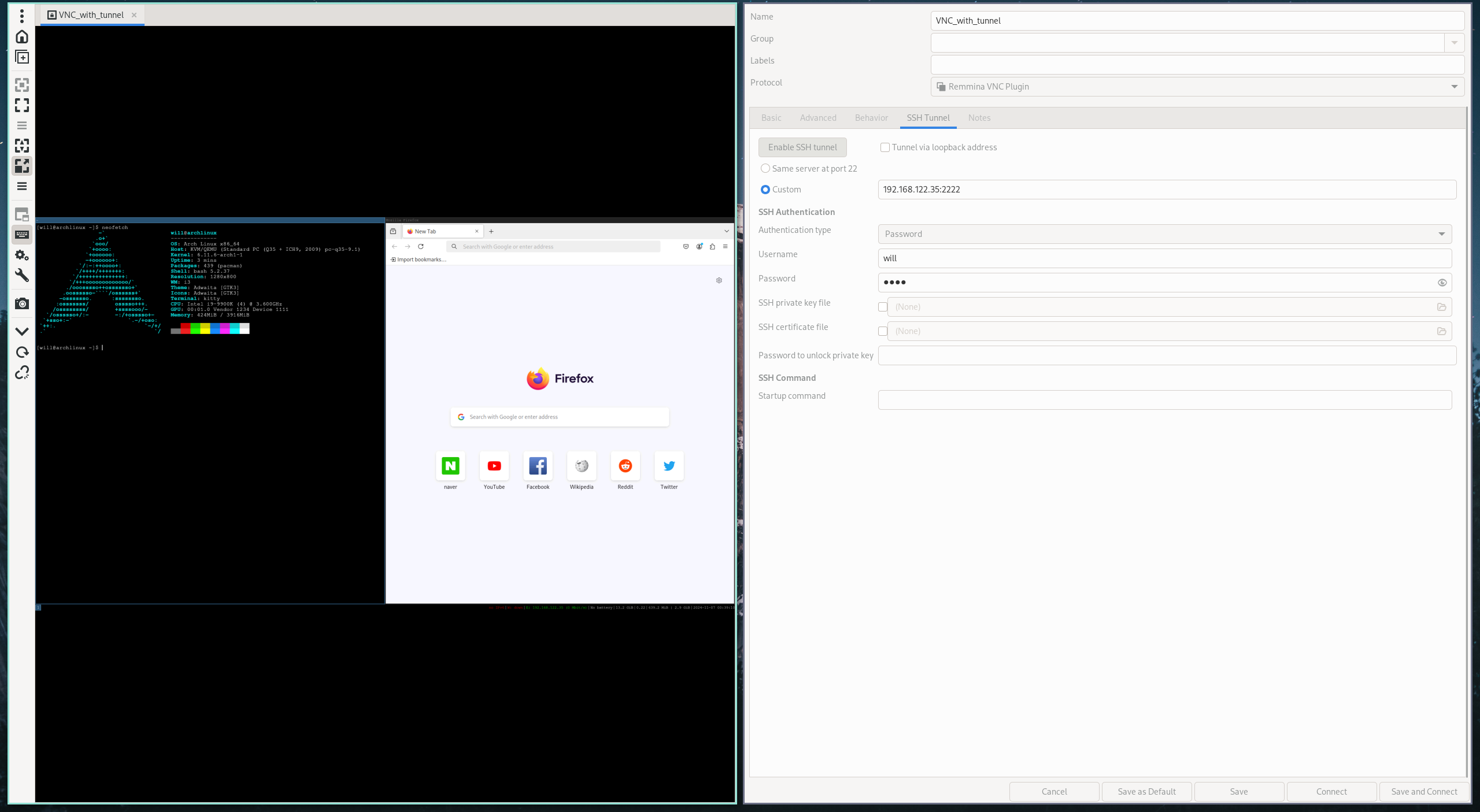 SSH tunnel 터미널이 열리지 않은 상태에서도 VNC 연결이 된 모습