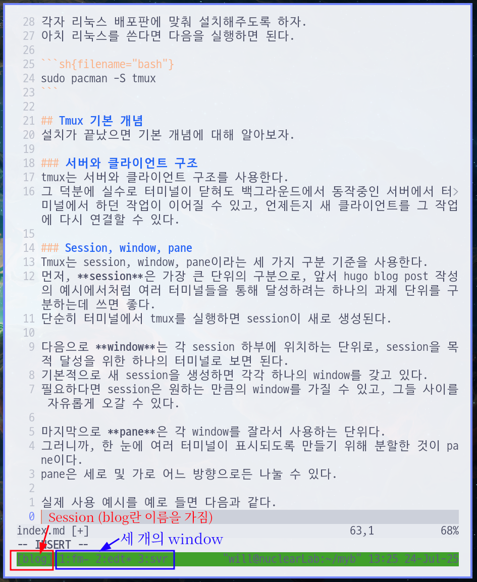 blog session과 그 하부 세 개의 window(fm, edt, svr)