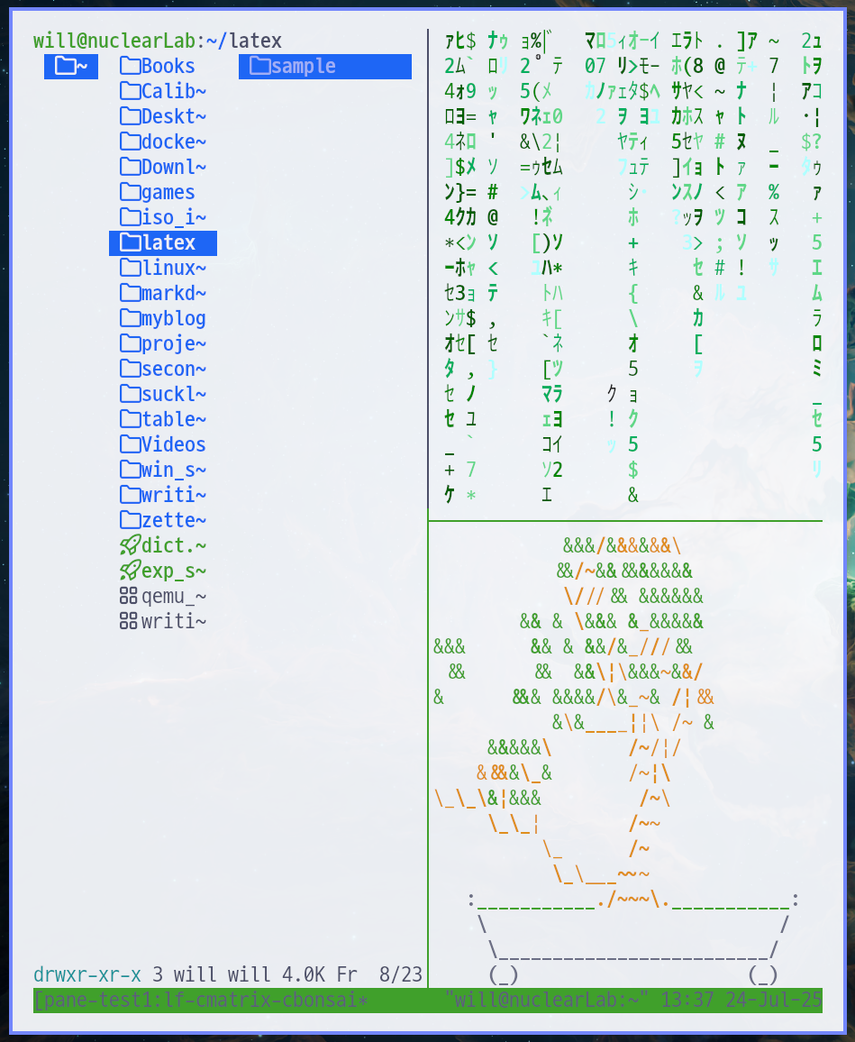 하나의 window(lf-cmatrix-cbonsai)를 세 개의 pane으로 나눠서 사용하는 예시. 세 개의 터미널을 한눈에 볼 수 있다.