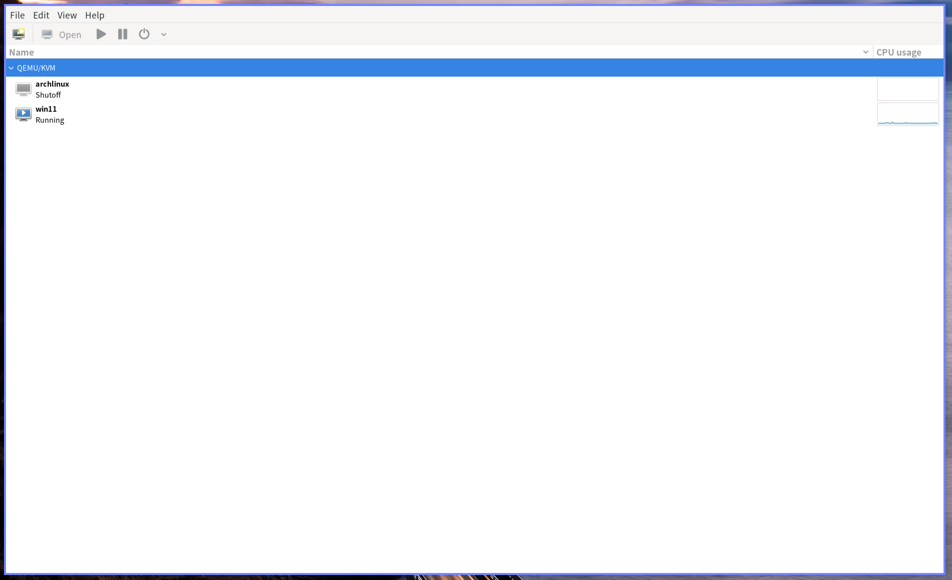 virt manager의 메인 화면
