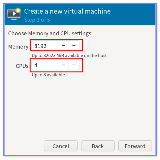 할당할 memory와 cpu 코어 수를 지정하는 화면