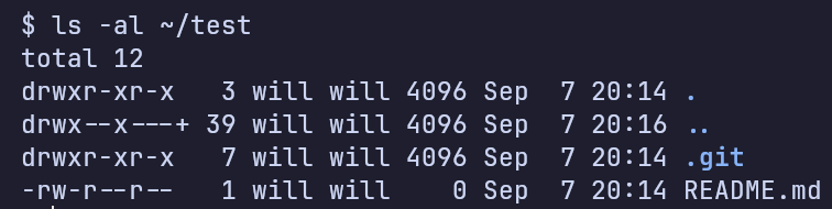 la -al의 출력결과, .git과 README.md가 보인다.