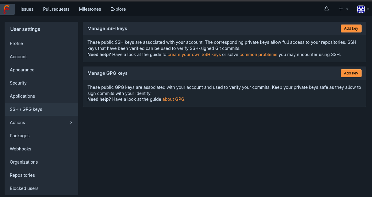 SSH/GPG keys 설정화면