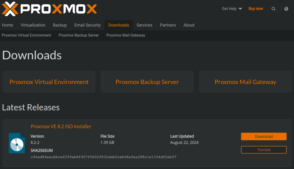 Proxmox ISO 파일 다운로드 페이지