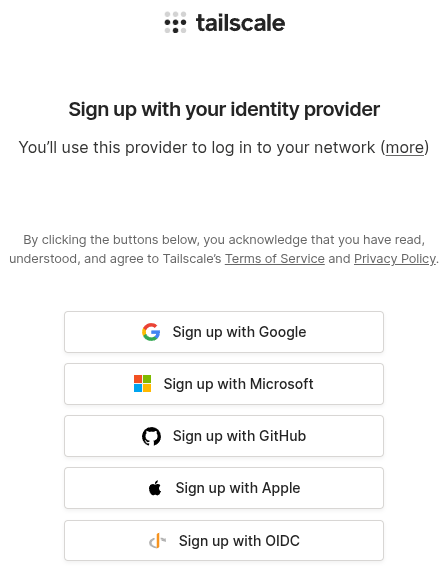 Tailscale 가입화면, 원하는 방식으로 가입을 진행해주자.