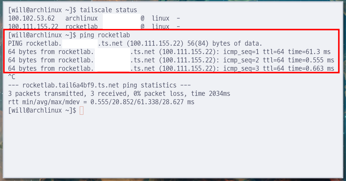 Tailnet 기기명으로 archlinux에서 rocktlab으로 ping이 정상적으로 가는 걸 알 수 있다.