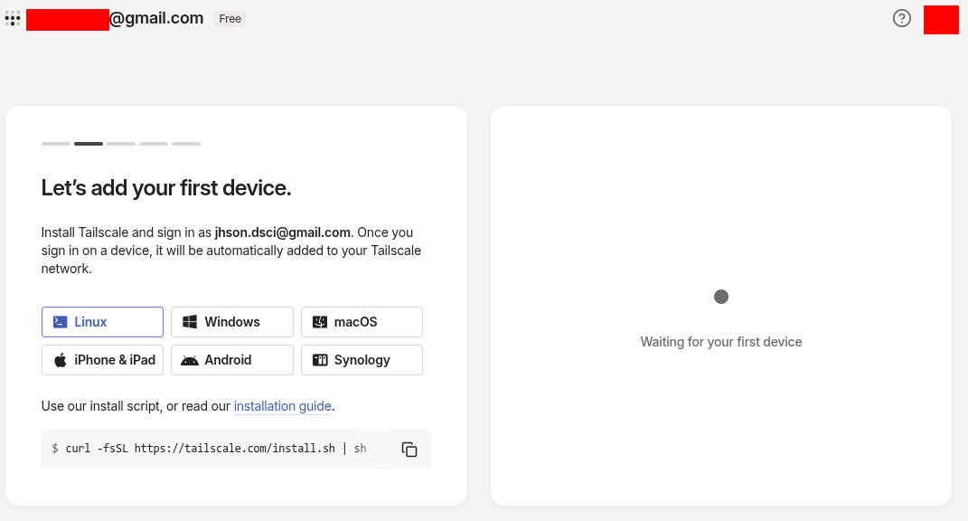 첫 기기 등록 요구화면, 원하는 OS의 설치방법에 따라 설치하고 등록해주자.