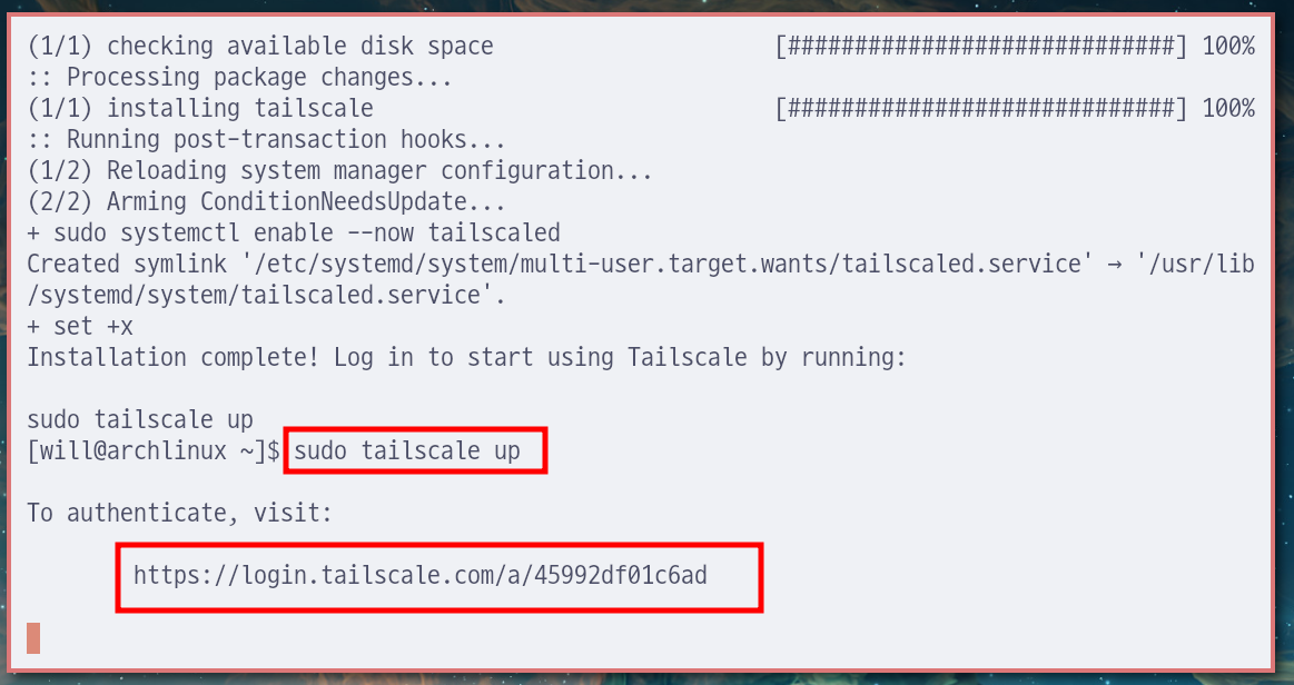 Tailnet에 연결하기 위한 링크가 뜬다. 그 링크를 열어서 로그인해주면 등록이 된다.