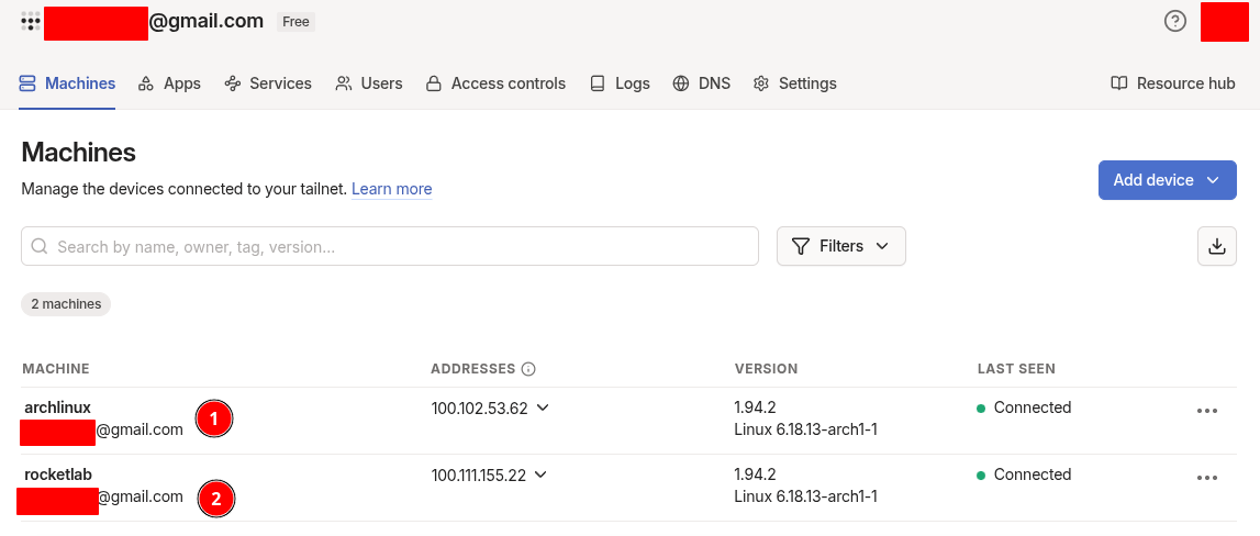 Tailscale admin console 모습, 등록한 두 기기의 이름, 내부망 ip가 뜬다.